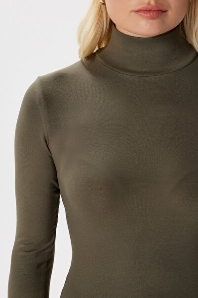 Ritnice Kadın Feel Lux Touch Dik Yaka Haki Uzun Kol Soft Bluz