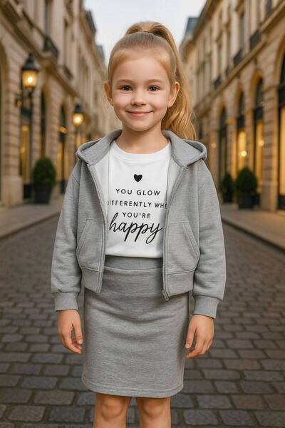 EKNKİDS Girl's 3-Piece Suit Cardigan Skirt T-Shirt