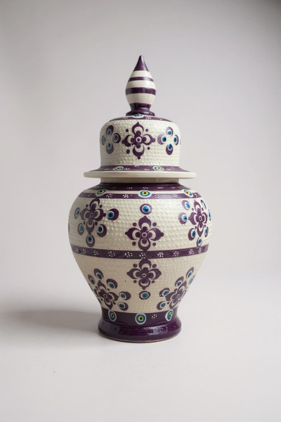 STORESZA El Yapımı Çark İşi 25Cm Mor Beyaz Şah Küp Çini Vazo