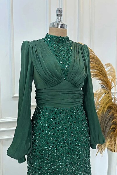 Halezademoda Balon Kollu Pullu Tesettür Abiye