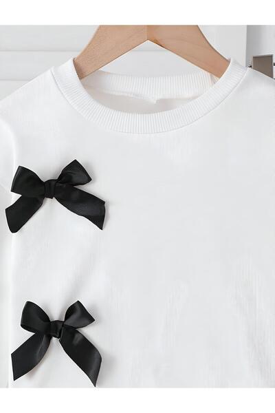 BYMEER Siyah Ve Beyaz Kız Çocuk Kurdela Detaylı Alt Üst Takım