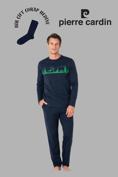 Pierre Cardin Erkek Lacivert Uzun Kol Pamuklu Pijama Takımı 1 Çift Çorap Hediyeli