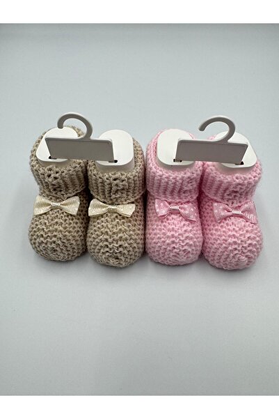 Şatilli Handmade Knitted Baby Booties Newborn Booties 0-6 Months Baby Booties Pink-Beige 2-Pack