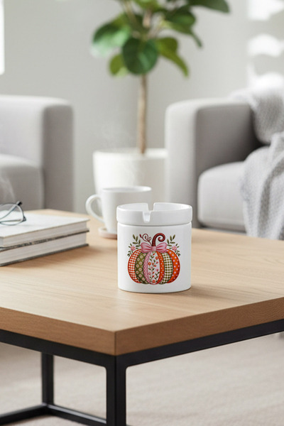 giftkonsept Patterned Pumpkin Printed Ceramic Lidless Ashtray with Ceramic Lid