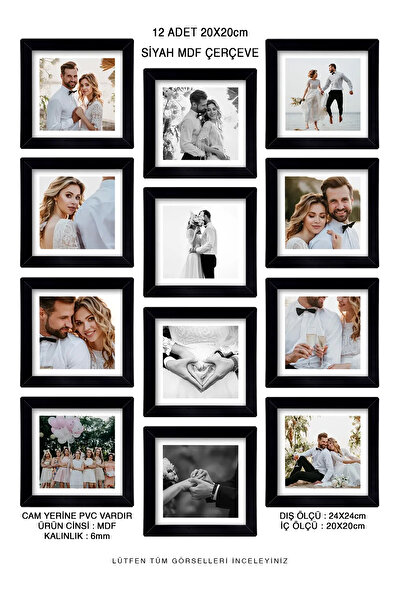 yhfoto 12 Adet 20x20 Çerçeve - Kare Çerçeve - Siyah Çerçeve - Pvc'li Çerçeve
