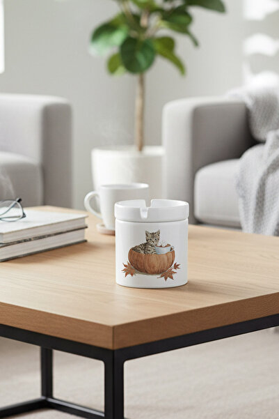 giftkonsept Autumn Themed Cute Cat No:4 Printed Ceramic Lidless Ashtray with Lid