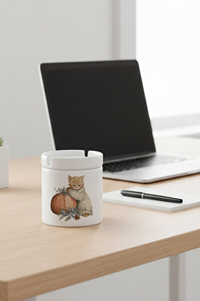 giftkonsept Autumn Themed Cute Cat No:9 Printed Ceramic Ashtray with Lid Odorless