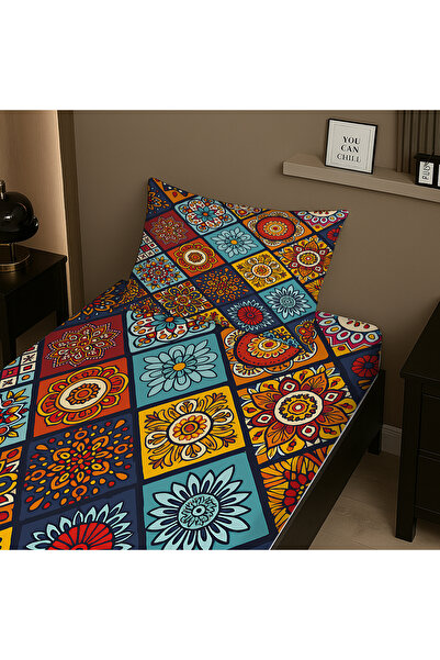 Else Dekor Цветни плочки Етнически мотиви Еластичен комплект чаршафи за единично легло с калъфка за възглавница 100x200cm