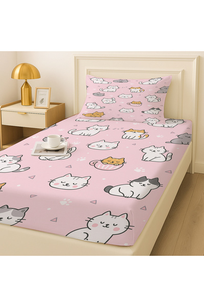 3D ELSE HALI Pink Cute Cats Patterned Elastic Single Bed Sheet Set with Pillowcase 100X200Cm