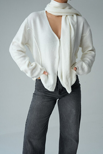 LOOSH Kadın Krem V Yaka Şal Detaylı Oversize Hırka