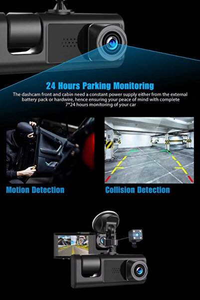 CROW'S TECH 1080P Dash Cam Full Hd Araç içi Kamera Ön Arka ve İç Kayıt 3 Kamera Gece Görüşlü G Sensör Geniş Açı