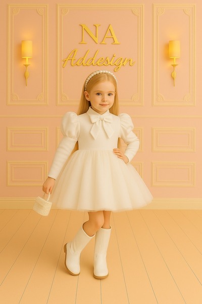 NA ADDESIGN Rochie pentru copii cu mâneci cu balon cu detaliu de fundă - negr...