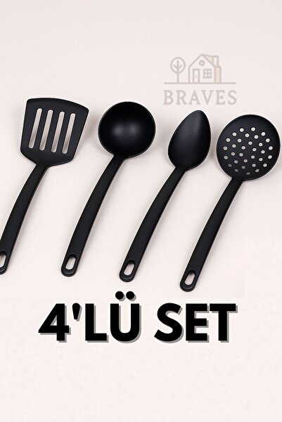 BRAVES Siyah 4’lü Mutfak Gereçleri Seti – Spatula, Kepçe, Kevgir ve Servis Ka...