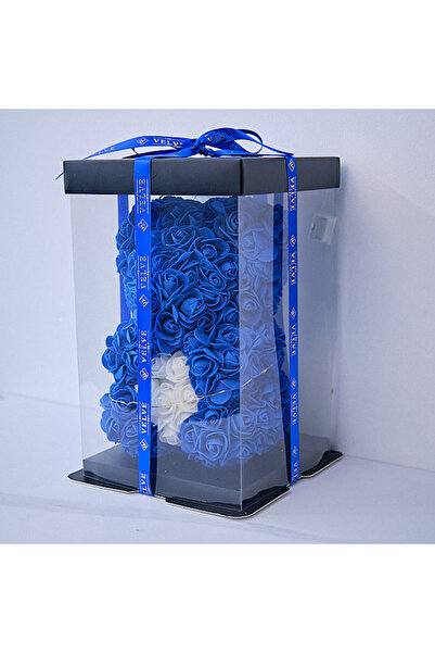 velve Ursulet floral 25 cm, cu LED-uri luminoase, trandafiri spuma cu inima alba, in cutie cadou, Albastru