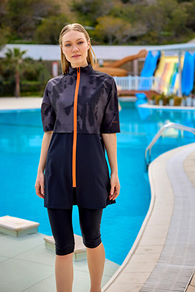 Marina Swimwear Siyah Yarı Kapalı Tesettür Mayo - H2501 | Su İtici, UPF50+, Rahat ve Sportif H2501