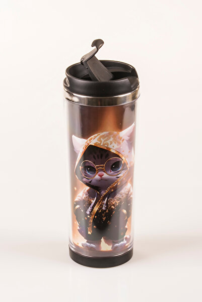 MUKKO HOME Cat Decorated Steel Mug - 360 ml |   Leak-Proof Lid, Steel Inner Bowl, 19 cm
