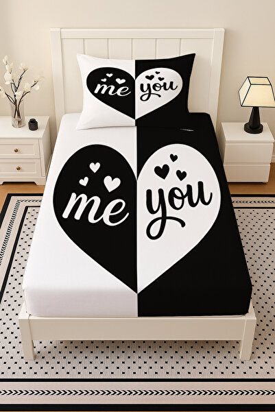 Else Dekor Black and White Heart Patterned Elastic Single Bed Sheet Set with Pillowcase 100X200Cm