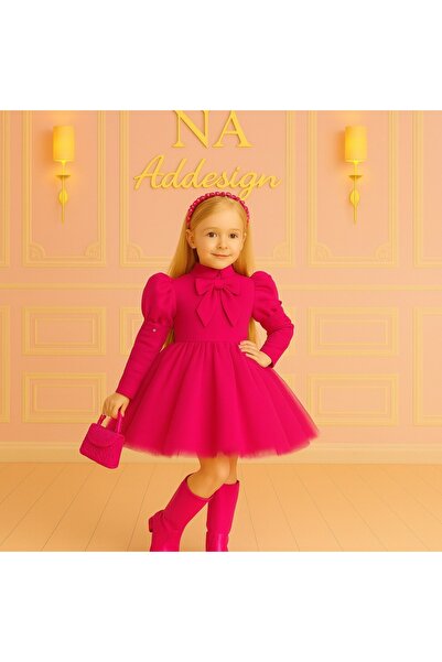 NA ADDESIGN فستان أطفال بأكمام بالون مع تفاصيل فيونكة - أسود، أبيض، فوشيا