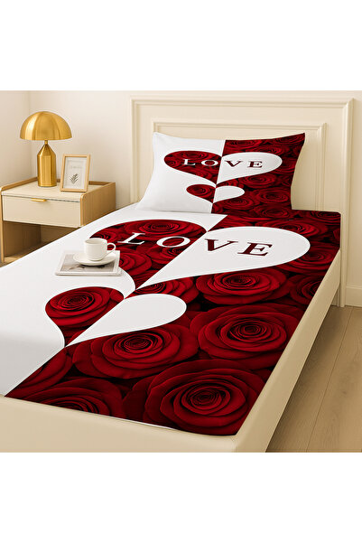 Else Dekor Red and White Heart Love Floral Patterned Elastic Single Bed Sheet Set with Pillowcases 100X200Cm