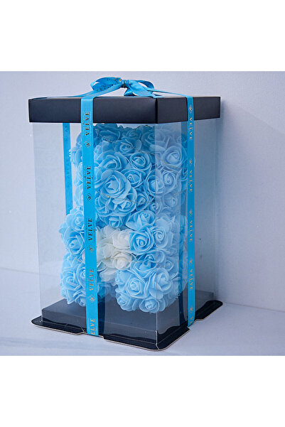 velve Ursulet floral 25 cm, cu LED-uri luminoase, trandafiri spuma cu inima alba, Albastru