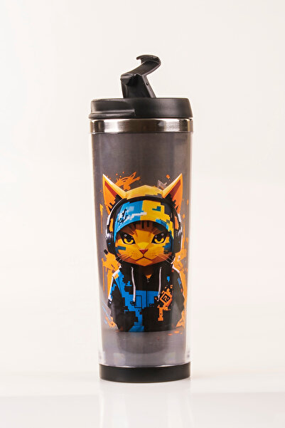 MUKKO HOME Cat Decorated Steel Mug - 360 ml |   Leak-Proof Lid, Steel Inner Bowl, 19 cm