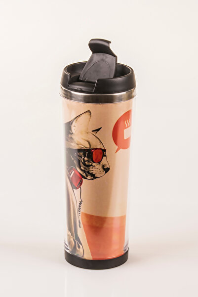 MUKKO HOME Cat Decorated Steel Mug - 360 ml |   Leak-Proof Lid, Steel Inner Bowl, 19 cm