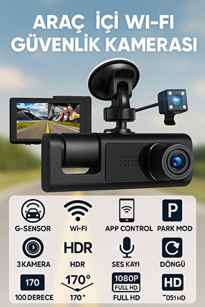 CROW'S TECH 1080P Dash Cam Full Hd Araç içi Kamera Ön Arka ve İç Kayıt 3 Kamera Gece Görüşlü G Sensör Geniş Açı