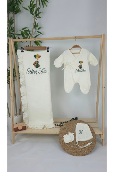 gros shop Müslin Yeni Doğan 4Katlı Organik %100Pamuk Kişiye Özgü Nakışlı Hast...