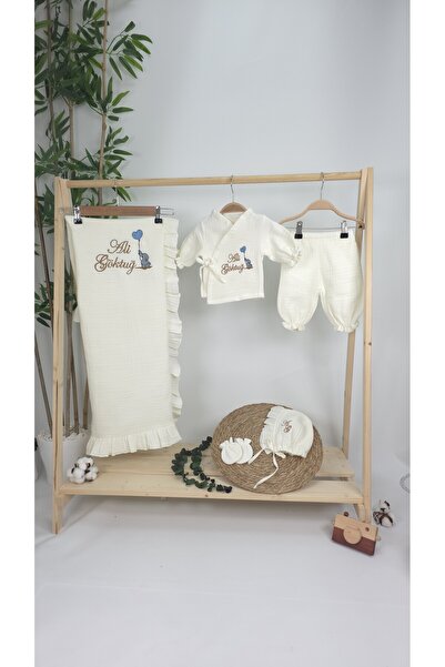 gros shop Müslin Yeni Doğan 4Katlı Organik %100Pamuk Kişiye Özgü Nakışlı Hast...