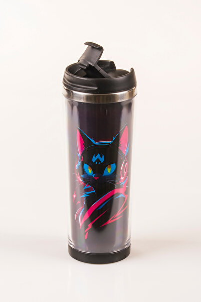 MUKKO HOME Cat Decorated Steel Mug - 360 ml |   Leak-Proof Lid, Steel Inner Bowl, 19 cm