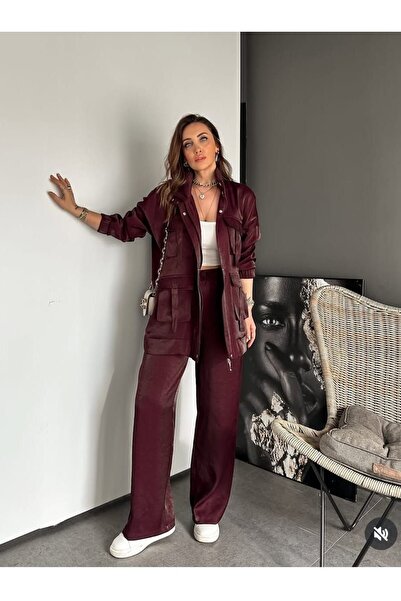 asyadabutik Γυναικείο Φωτεινό Πουκάμισο Παντελόνι με Τσέπες Διπλό Σετ