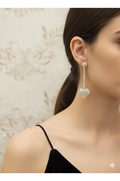 bettin tasarım Altın Renk Bijuteri Kalp Model Zirkon Taşlı Kadın Küpe