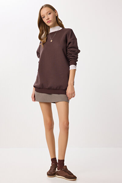 Lovelyİstanbul Oversize Şardonlu Örme Sweatshirt LCR0097 KAHVERENGİ