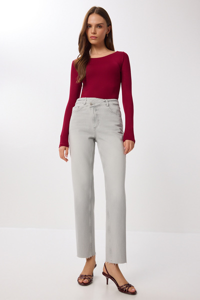 Lovelyİstanbul Straight Ankle Length High Waist Cross Belted Jean Lut0023 Gray