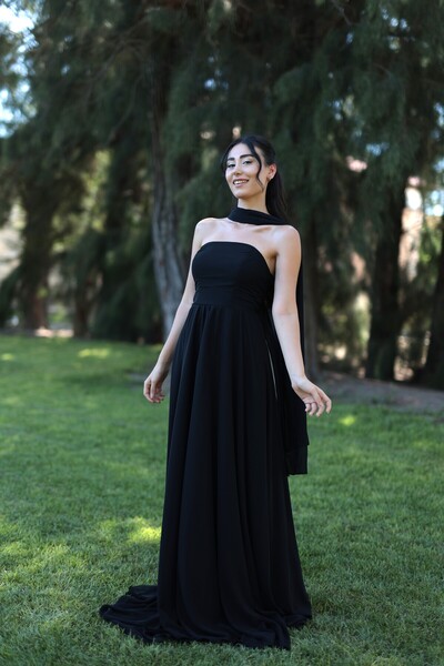 berissima bride Straplez Şal Detaylı Siyah Abiye Elbise, Kloş Şifon Etek, Düğ...