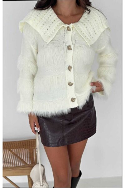 Azra Moda Style Knitwear Cardigan Patterned Beard Fabric Soft Texture Women