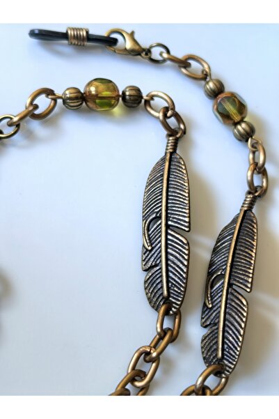 THİNBLACK Glasses Chain Antique Gold Aluminum Chain with Olive Green Crystal Stone Leaf Shape Hanger