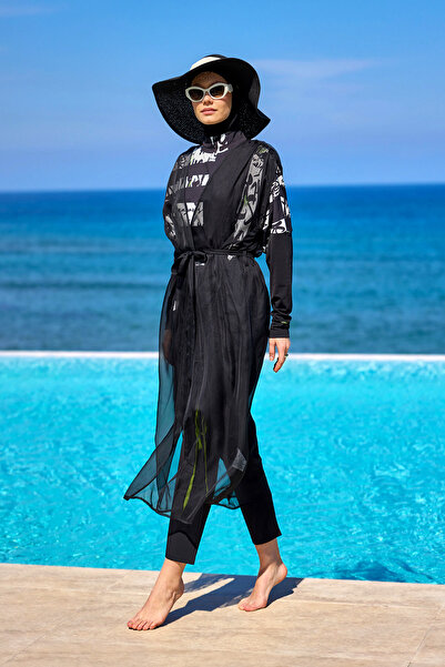 Marina Swimwear Black Hijab Tulle Kimono – Lightweight Mesh Fabric Pareo P2502
