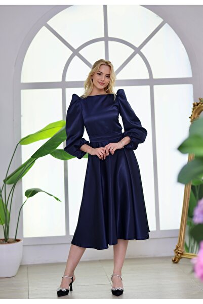 ASLIHANGÜNER ARELIA SATEN MİDİ KAYIK YAKA BALON KOL ABİYE DAVET MEZUNİYET ELB...