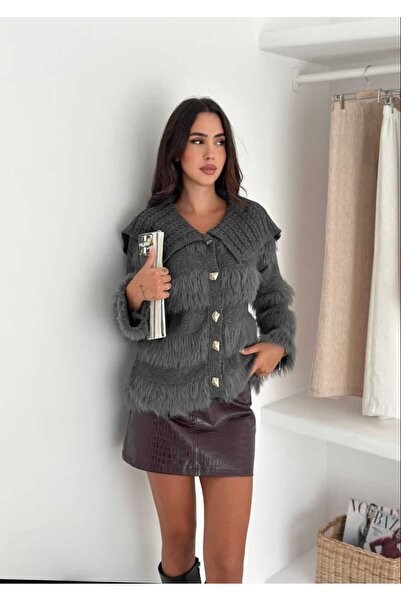 Azra Moda Style Knitwear Cardigan Patterned Beard Fabric Soft Texture Pocket Button Detail Women