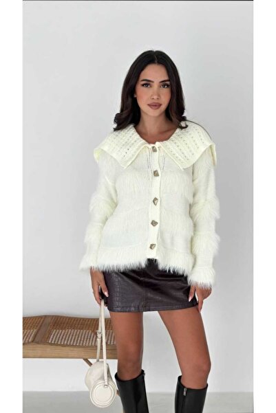 Azra Moda Style Knitwear Cardigan Patterned Beard Fabric Soft Texture Women