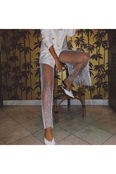 KESNUP Mesh pants with rhinestones, length 115 cm, White