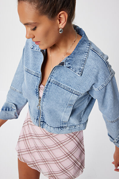 Lovelyİstanbul Fermuarlı Denim Ceket LAN0056 AÇIK MAVİ
