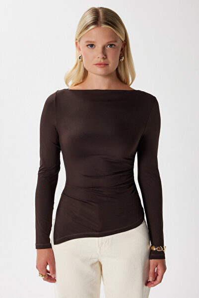 Ritnice Women's Most Polyamide Asymmetrical Brown Long Sleeve Blouse