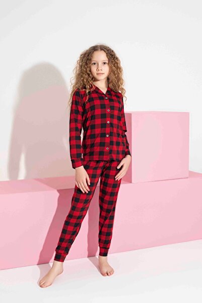 Tarık Girl Teenager and Children Square Pattern Long Sleeve Milan Fabric Front Buttoned Seasonal Pajama Set