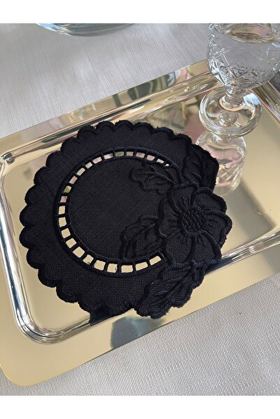 QBR Home مناديل تقديم الكوكتيل المطرزة (قطعة واحدة) باللون الأسود والبني