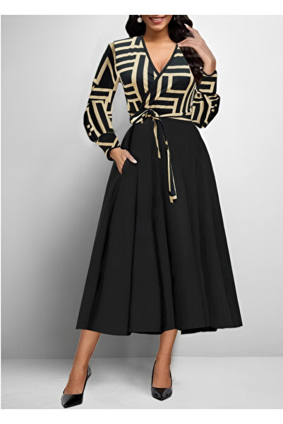 Masspera Women's Double Breasted Collar Long Sleeve Belted Patterned Midi Length Dress