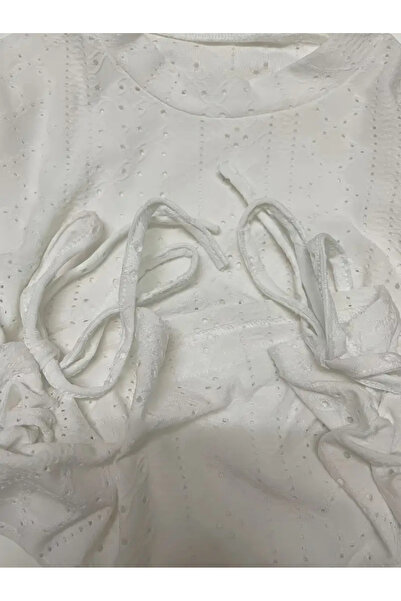 Marin Star Beyaz Dantel Desenli Uzun Kollu Crop Bluz,Beyaz Nakış Desenli Yan Büzgülü Likralı Bluz,Şık Beyaz Üst