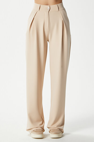Ritnice Lycra Series Viora Light Pleated Stretchable Light Beige Palazzo Trousers