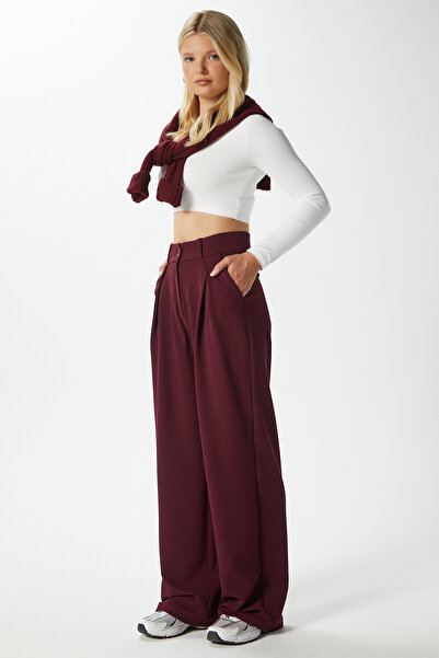 Ritnice Lycra Series Viora Light Pleated Stretchy Burgundy Palazzo Pants